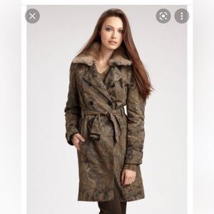 Vintage ETRO Milano Italy  Real Rabbit Fur Belted Trench Coat Paisley 42/US 6-8